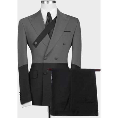 2021 Grey Black Men Suits Blazer Business Suits Double Breasted Formal Wedding Suits Bridegroom Tailored Groom Tuxedos 2 Pieces