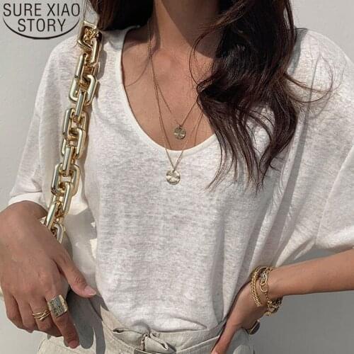 2021 Summer Simple Woman Tshirts Korean Solid Short Sleeve Basic T-Shirt Women Tee Shirt Tops Cotton Bottoming T-shirt 14230