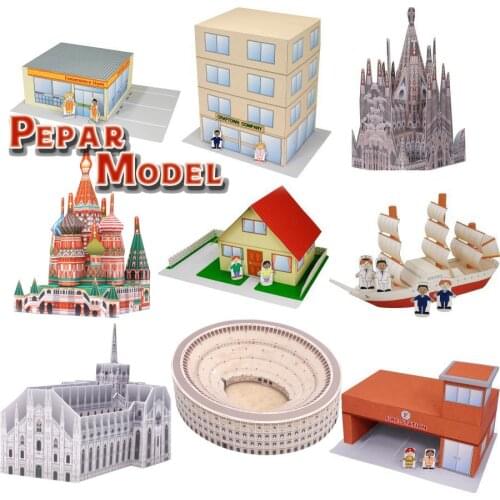 3D Paper Model Space Library Papercraft Cardboard House for Children Toys Architectural Model Saint Basils Cathedral Colosseum