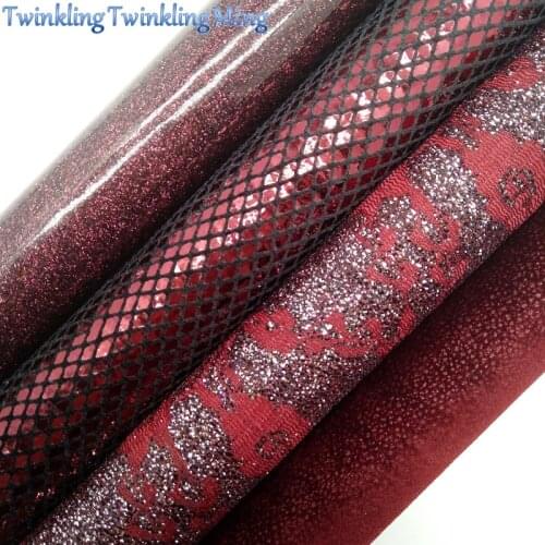 WINE Lace Glitter Fabric, Smooth Glitter Leather, Metallic Snake Leather Sheets For Bow A4 21x29CM Twinkling Ming XM009C