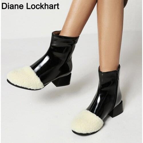 Women Ankle Boots Patent Leather Fashion Winter Warm Shoes 3CM Woman Fur Toe Short Boots Lady Plush Lining Booties Footwear 32