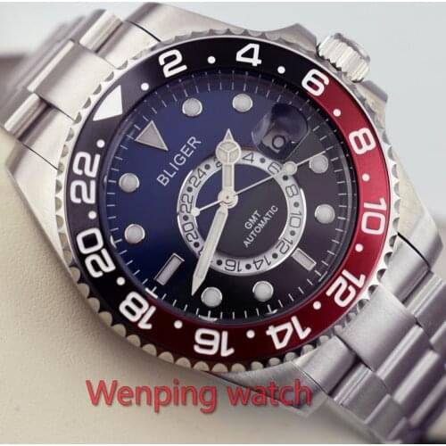 43mm BLIGER Half blue and half black color dial Ceramic Rotate Bezel 2017 New black dial function automatic mens Wrist watch