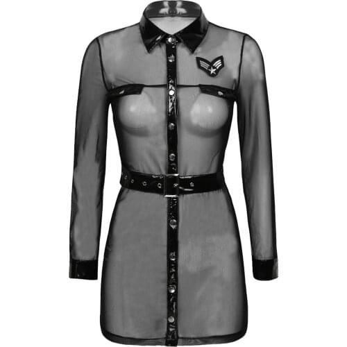 Black See-through Mesh Dresses Womens Police Shirt Role Play Costumes Sexy Lingerie Patent Leather Long Sleeve Button Mini Dress