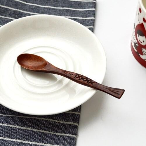 Wooden Dessert Spoon Carved Fish Kitchen Cooking Teaspoon Condiment Utensil Coffee Spoon Kids Scoop Tableware