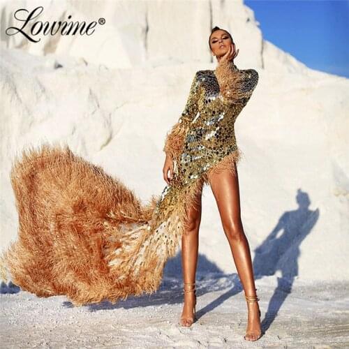 Feathers Long Evening Dresses Gold Crystal Beaded Moroccan Kaftan 2020 Couture Saudi Arabic Islamic Dubai Party Dress Prom Gown