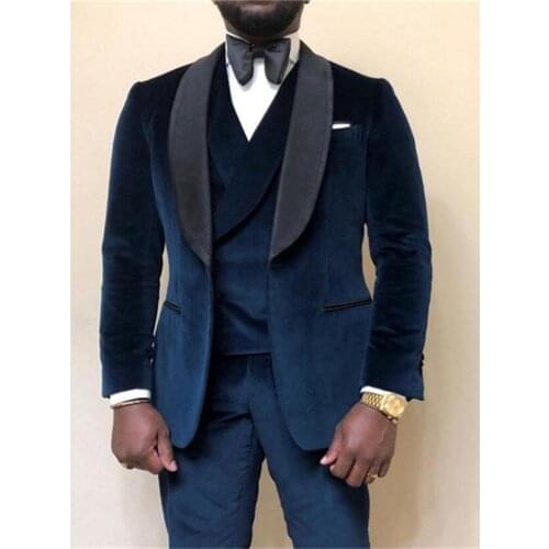 Handsome Velveteen Groomsmen Shawl Lapel Groom Tuxedos Wedding Dress Men Suits Blazer Prom Dinner (Jacket+Pants+Tie+Vest) A860