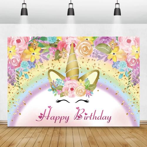 Laeacco Cartoon Rainbow Floral Unicorn Happy Birthday Photography Backdrop Baby Shower Child Photocall Backgrounds Photo Studio