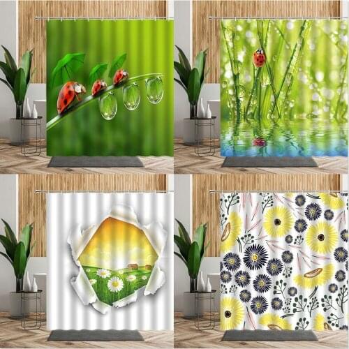 Summer Scenery Shower Curtain Funny Ladybug Green Plants Flower Printed Fabric Bath Screen Creative Bathroom Curtains Home Decor