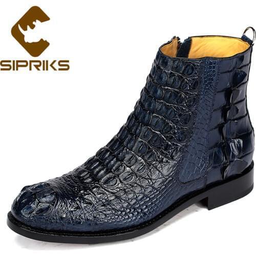 Sipriks Mens Navy Blue Crocodile Skin Shoes Bespoke Zip Goodyear Boots Boss Male Cowboy Boot Dark Brown Black Ankle Boots Big 45