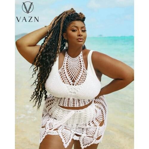 VAZN 2021 New Bikini High-end Special Sexy Beach Off Shoulder Hollow out Network Short Pants Skinny High Waist Women 2 Piece Set