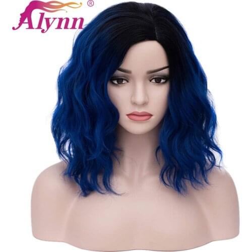 Alynn Short Body Wave Wigs Synthetic Curly Bob Hair Wigs Omber Dark Blue/Red For Women Cosolay Party Use Heat Resistant Fiber