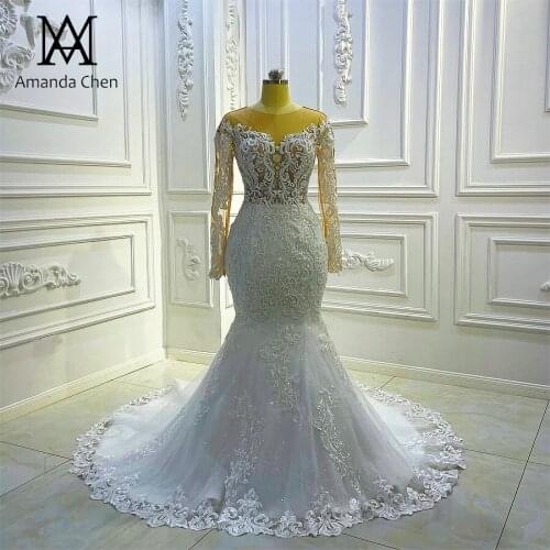 Hochzeitskleid Long Sleeve Lace Applique Keyhole Back Mermaid Sheer Wedding Dress