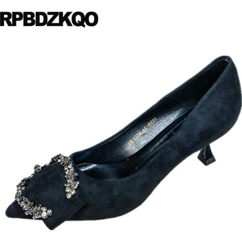 Size 4 34 elegant 2018 ladies medium heels office autumn rhinestone diamond suede pink crystal shoes pointed toe kitten black