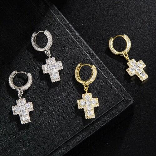 Hip Hop 1Pair Micro Paved Cross Full Bling Iced Out Earring Cubic Zircon Gold Charm Stud Earrings For Men Hip Hop Jewelry