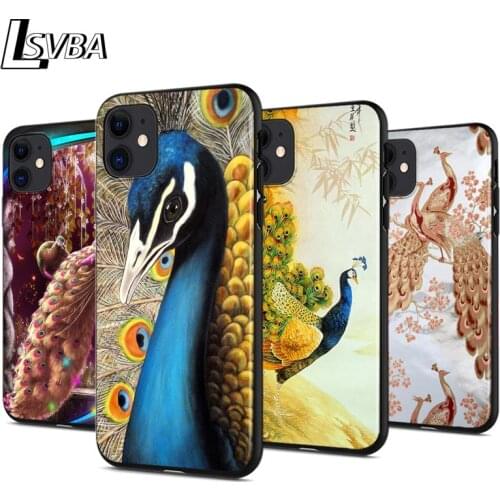 Cute Peacock Feather Anti-fall Silicone Phone Case For iPhone 11 Pro XS Max X XR 6S 6 7 8 Plus 5S Soft Black Cover Capa