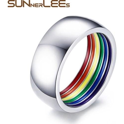 SUNNERLEES Titanium Stainless Steel Rings High Quality Enamel Rainbow Ring Silver Color Men Women Jewelry Gift PR-023