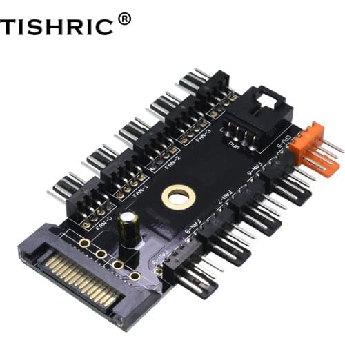 TISHRIC Newest Black 1 to 10 PC Cooler Cooling Fan Hub Splitter Cable Pwm SATA 12V Power Supply Speed Adapter Computer Mining