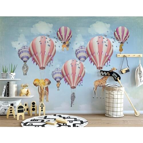 Hot Air Balloon Giraffe Elephant Animal 3D Cartoon wallpaper mural for Kids Children room 3d Cartoon Sticker 3d Wall Paper