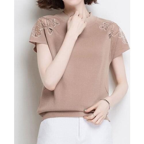 2021 Summer Blouse Semi-high Collar Ice Silk Short-sleeved Shirt Female Loose Solid Color Pullover Top Lace Blouse Female 15460