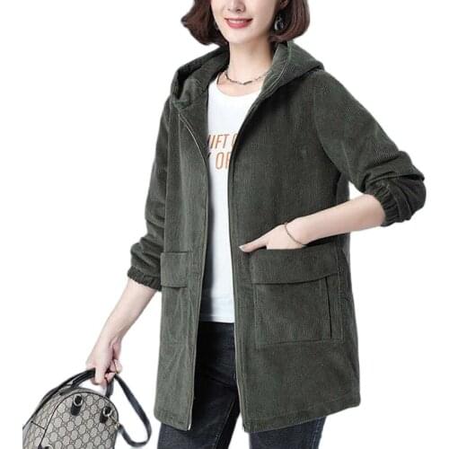 Womens Corduroy Jacket 2021 Autumn Casual Hooded Coat Middle Aged Mother Crduroy Windbreaker Overcoat Plus Size 5XL Q86