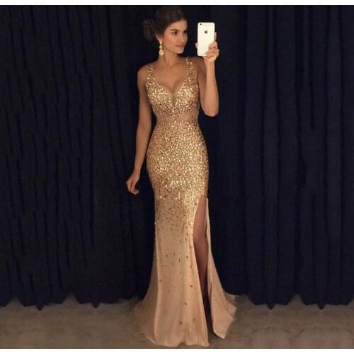 Women Long Sequin Evening Party Dresses High Split Floor Length Prom Dress Sexy V Neck Sleeveless Sweep Train Gowns