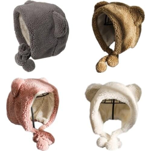 Women Winter Fuzzy Plush Earflap Hat Cute Cartoon Bear Ears Pompom Chin Strap Windproof Thermal Beanies Trapper Cap