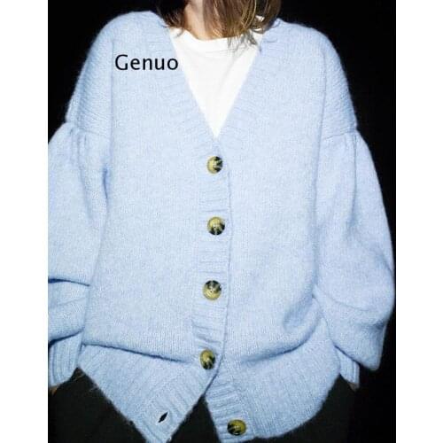 Blue Oversized Knitted Cardigan Sweater Women Autumn Winter Fashion Ribbed V Neck Long Puff Sleeve Cute Cardigans Tops