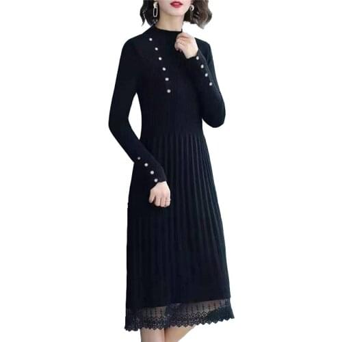 Fashion Women Lace Splice Knit Dress Spring Autumn Long sleeve Wild Sweater Long Bottoming Dresses Female Slim A-line Dress 3137