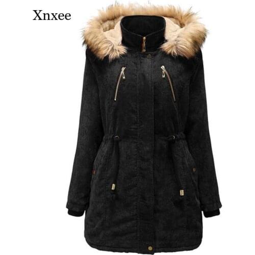 2021 Winter Womens Hooded Corduroy Coat, Ladies Solid Color Stitched Coat, Thick Warm Coat, Long Fleece Fur Collar Coat