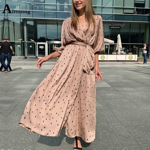2020 Summer Women Elegant Long Dress Blue Split V-neck Fashion Polka Dot Print Sashes Party Dresses Ladies Vintage Maxi Dress