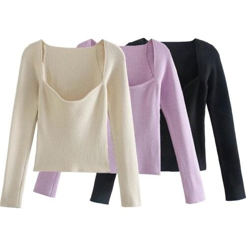 2021 spring Women Fashion jumper sexy Low-cut Knitted Heart-Shaped Neckline Sweater Long Sleeve Knit Pullovers Female tight Tops