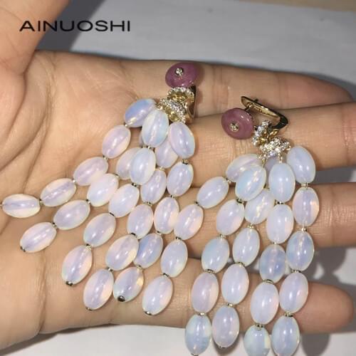 AINUOSHI 14K/18K Gold Oval Shaped Moonstone Drop Tassel Earrings for Women Party Travel Unique Elegant Gemstone Earrings