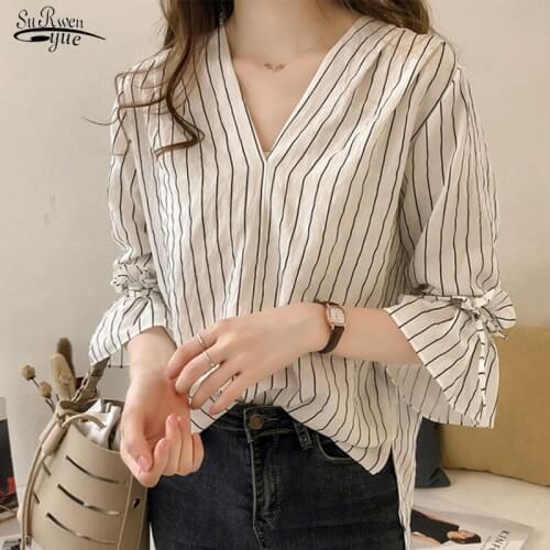 Blusa Verano Mujer 2021 Summer New Korean Version Trumpet Sleeves V-neck Tide Design Striped Shirt Women Tops and Blouse 9212 50