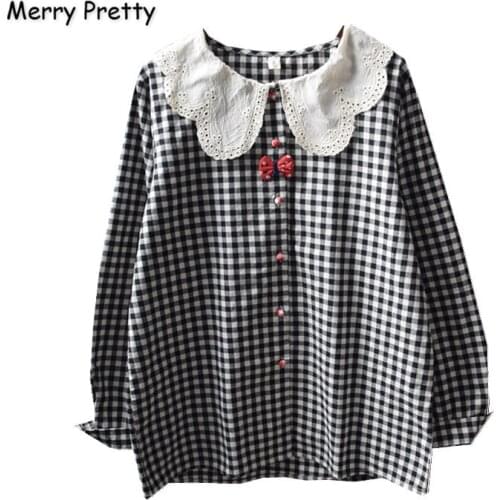 XUANHAO Cotton Linen Womens Plaid Patchwork Bow Blouses 2020 Autumn Long Sleeve Peter Pan Collar Shirts Tops And Blouses