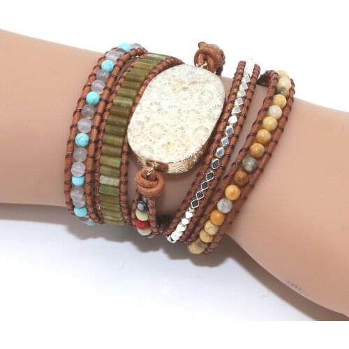 LZHLQ Natural Stone Bracelet White Quartz Leather Wrap Bracelets for Women Rose Gems Crystal Beads Bohemia Jewelry 5 Strands