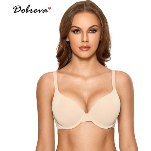 DOBREVA Womens Full Coverage T-shirt Underwire Smooth Lightly Lined Push Up Bra