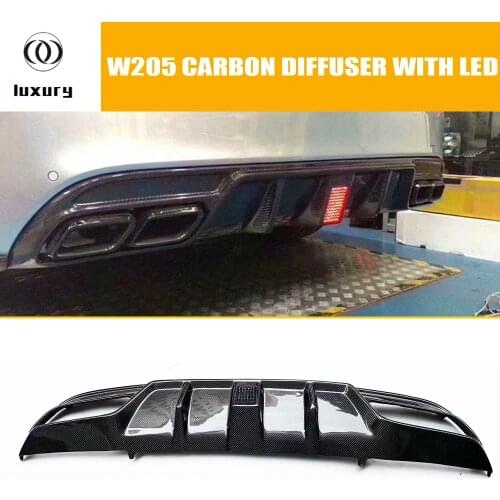 C63 Carbon Fiber Rear Bumper Lip Diffuser with LED Light for Benz W205 Sedan S205 Wagon C180 C200 C300 C43 C63 with AMG Package