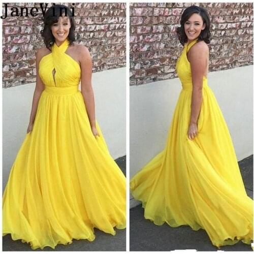 JaneVini Yellow Long Evening Dresses 2019 Robes Longues Halter Backless Sexy Women Prom Party Dress Floor Length Formal Gowns