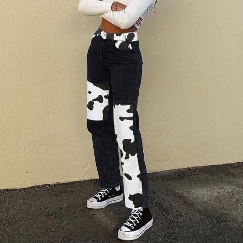 Patchwork Cow Print Jeans Women Y2K Casual High Waisted Pants Capris Harajuku 90s Black Long Trousers Ladies Street