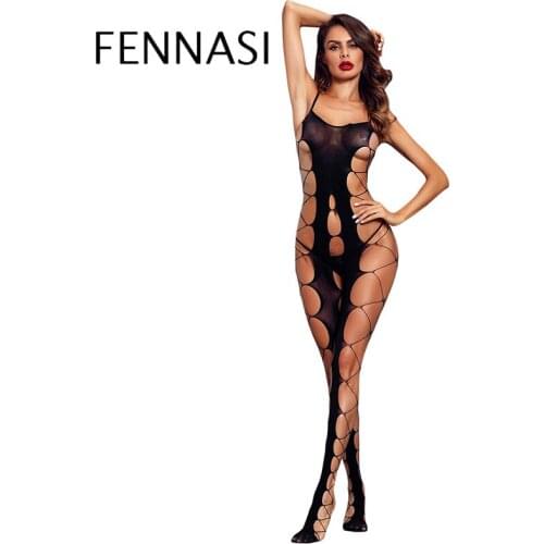 FENNASI Open Crotch Big Fishnet Tights Women Full Body Suspenders Pantyhose Mesh Sexy Lingerie Black Transparent Women’s Tights