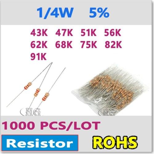 JASNPROSMA 1000PCS/LOT 5% 1/4W 43K 47K 51K 56K 62K 68K 75K 82K 91K carbon film DIP OHM high quality Carbon film Resistor
