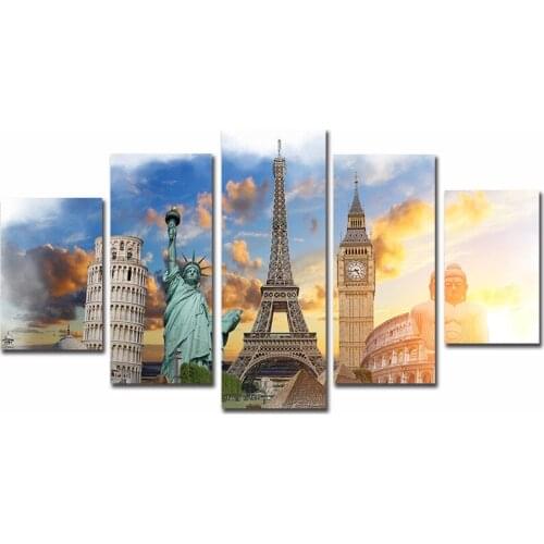 Canvas HD Prints Painting Wall Art Poster Framework 5 Pieces Monuments Buddha Tower Statue Of Liberty Pictures Home Decor