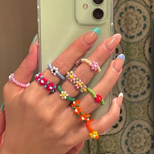Bead Ring Fashion Trendy Bohemian Handmade Multi Color Smile Butterfly Rice Beads Ring For Women Girls Jewelry Gift