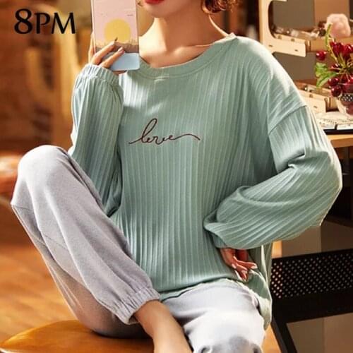 Women Autumn Cotton Warm Pajamas Set Long-sleeve Top Pants Simple Lovely Style Home Wear Soft Casual Outdoor Sleepwear ouc1080