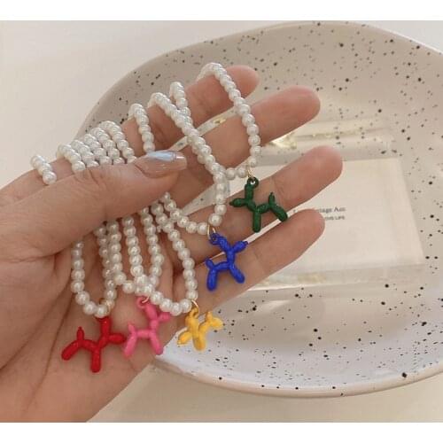 Ins Fashion New Cute Puppy Colorful Glazed Cartoon Little Dog Pendant Pearl Necklace for Women Girls Birthday Jewelry Gifts