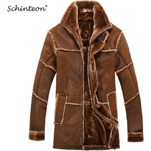 European Style Male Fashion Thick Warm Outwear Winter Men Faux Fur Coat Spliced Suede Leather Jacket Parkas Over Size