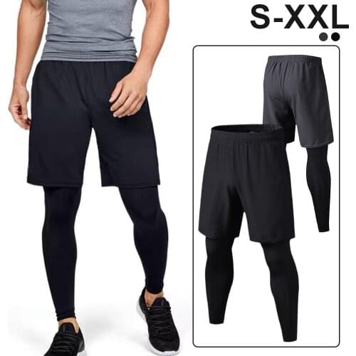 Men 2 in 1 Leggings Running Short Gym Fitness Leggings Pant Exercise Outdoors Quick-drying Pants Tights Pants