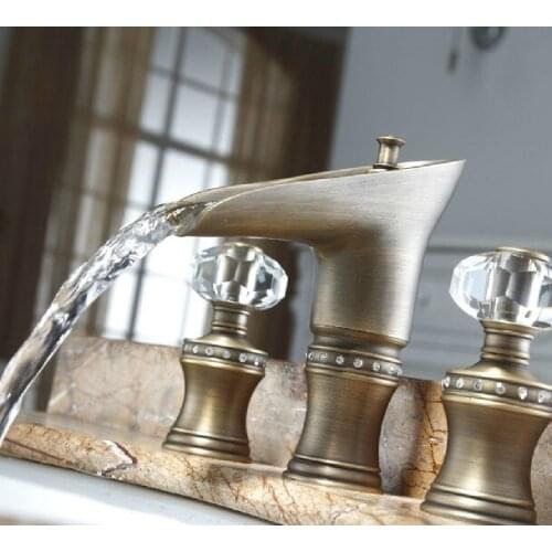 Free ship ROMAN SINK FAUCET BATHROOM MIXER TAP Widespread Basin Lav sink Faucet Waterfall Antique Mixer Tap crystal handles New