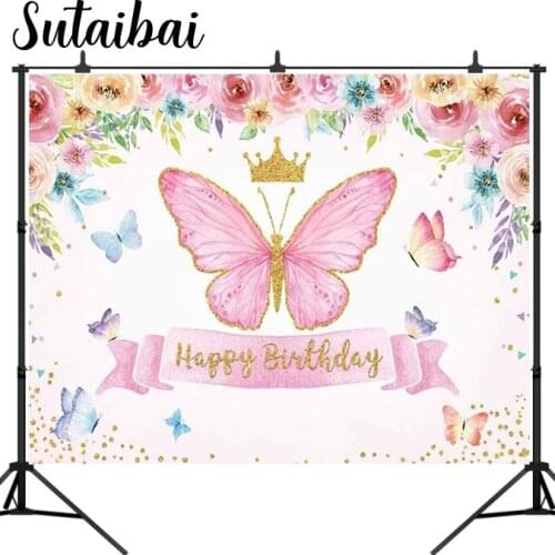 Happy Birthday Butterfly Party Backdrop Baby Girls Fairy Princess Purple Pink Rose Floral Gold Photography Backdrop Kids Sweet