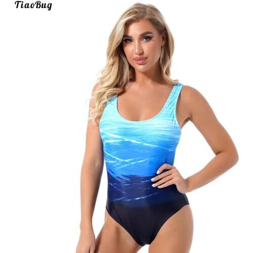 TiaoBug Women One-Piece U Neck Sleeveless Removable Pads Gradient Colour Print Bodysuit Jumpsuit Swimwear For Beach Pool Bathing